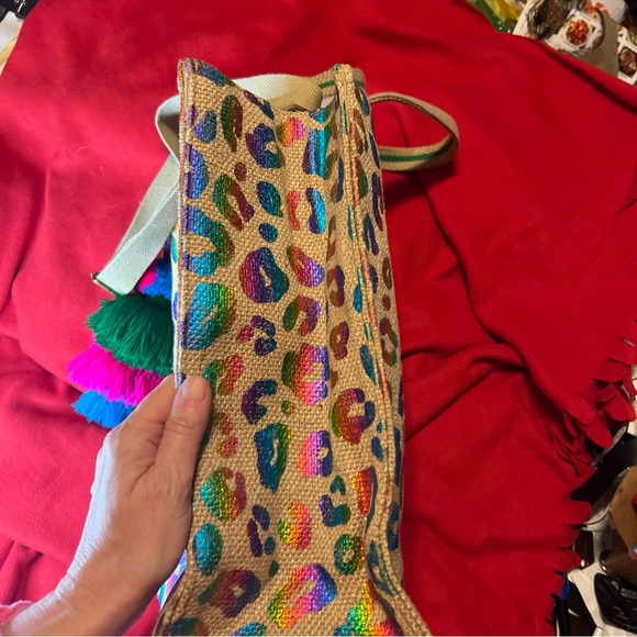 Rainbow metallic leopard handstamped jute tote with adjustable, cross body nwot - Picture 5 of 13